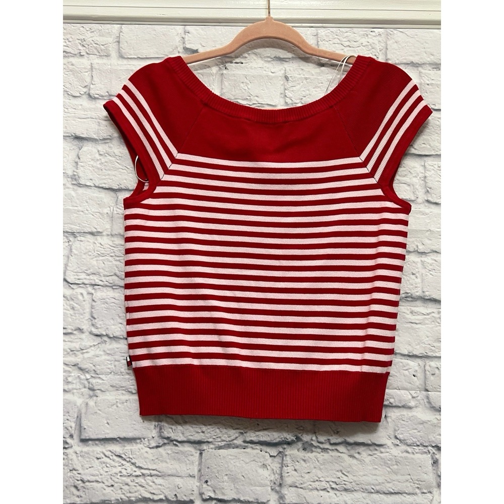 Tommy Hilfiger Red And White Horizontal Stripe Knit Crop Top Pullover Size M